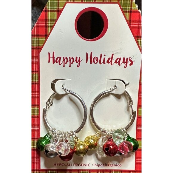 Christmas Hypoallergenic Holiday Hoop Earrings With Festive Bells Beads - Picture 3 of 6